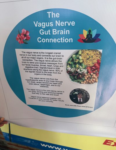A round poster titled The Vagus Nerve Gut Brain Connection explains the vagus nerve’s role in linking the gut and brain, featuring a colorful salad, flowers, and a man, with text promoting wellness and sound healing practice services.