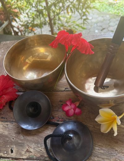Two brass singing bowls, a wooden striker, red hibiscus and yellow frangipani flowers, and two black hand cymbals rest on a rustic wooden table outdoors, ready for a tranquil sound healing practice amid lush green plants. Benefits of Sound Healing